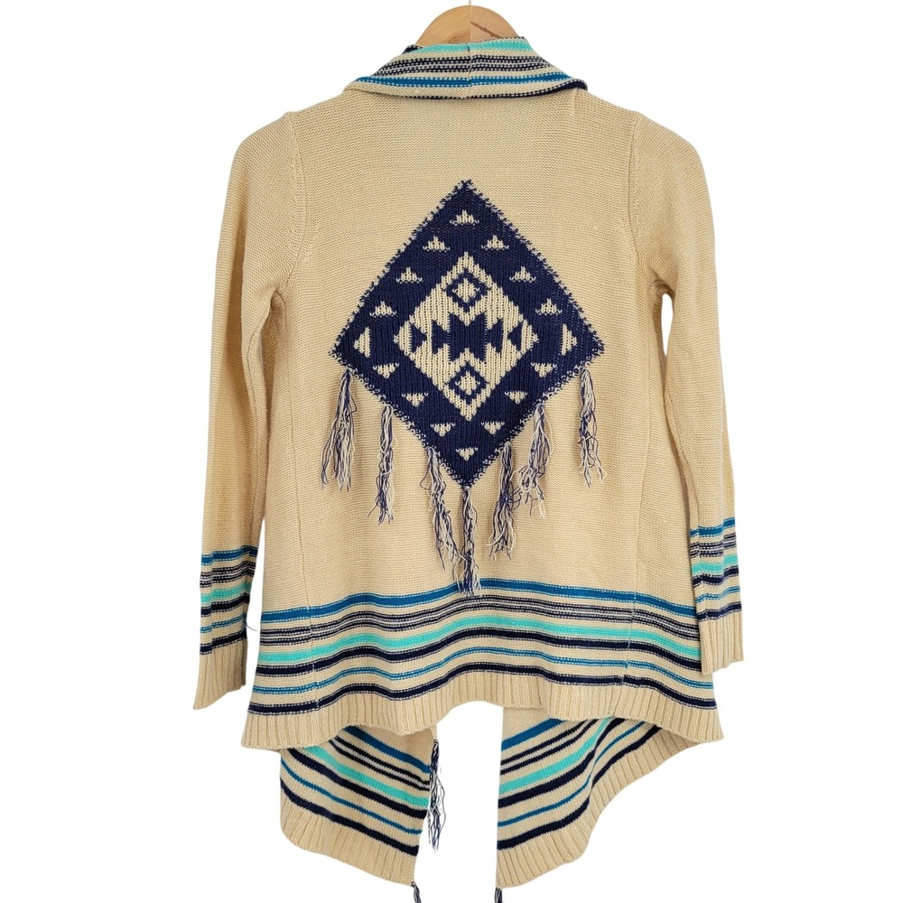 Beige Southwestern Cardigan Sweater Women XS Fringe Boho Festival Concert Tribal